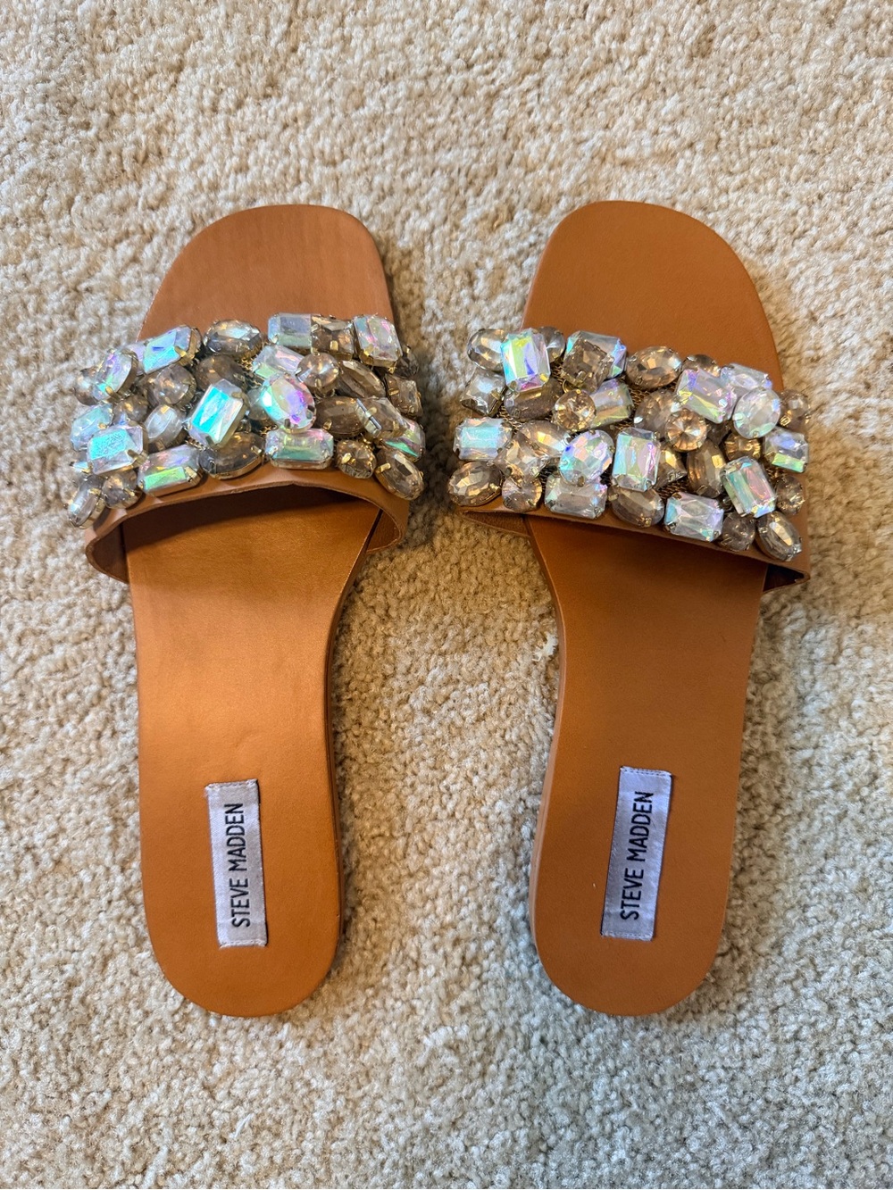 Steve Madden Tan Jeweled Slide Sandals